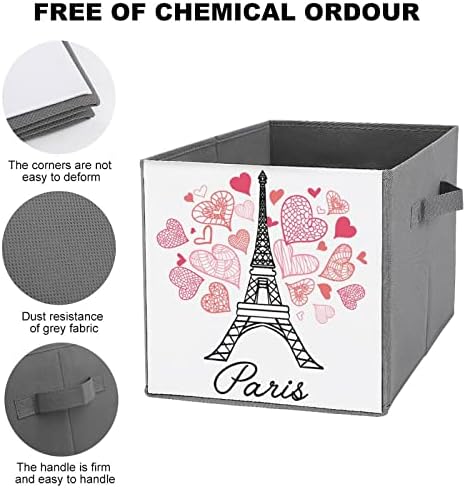 Ја Сакам Париз Ајфеловата Кула Склопувачки Коцки За Складирање Ткаенина Кутија 11 Инчни Преклопливи Канти за Складирање Со Рачки