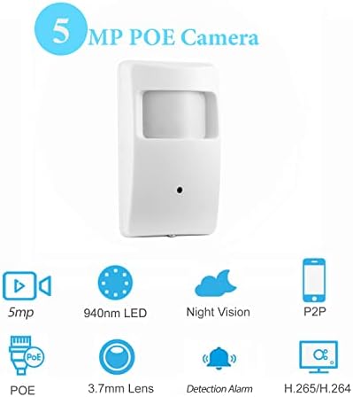 Revodata 5MP PIR Pinhole POE IP камера, затворен безбедносен фотоапарат 3,7мм леќи 80 ° 940nm Невидливи LED диоди IR Night Vision