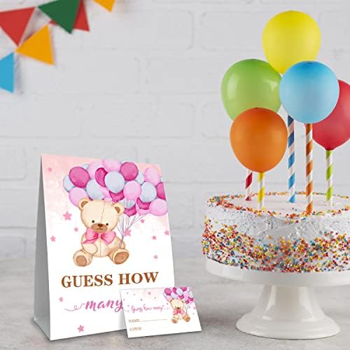 Погодете колку ， розови картички со теми со балон со мала мечка - игри со роденденска забава, игри за претпоставки, идеи за туширање
