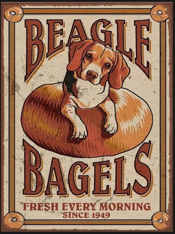 Wallидна уметност декор метал знак Beagle Bagels знак, знак за кујна, гроздобер знак. Ретро wallиден знак, знак за бигли за дома