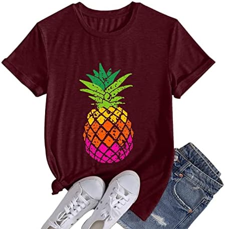 Симпатични летни врвови за жени, симпатична ананас печатена летна маица со кратки ракави, обични графички маички