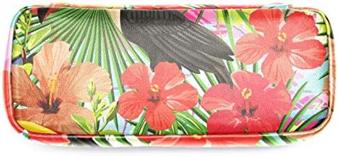 Тропски птици Тукан лисја и хибискус цвеќиња кожен молив за молив, торба со пенкало со двоен патенти торбички за чување торби за торби за училишна