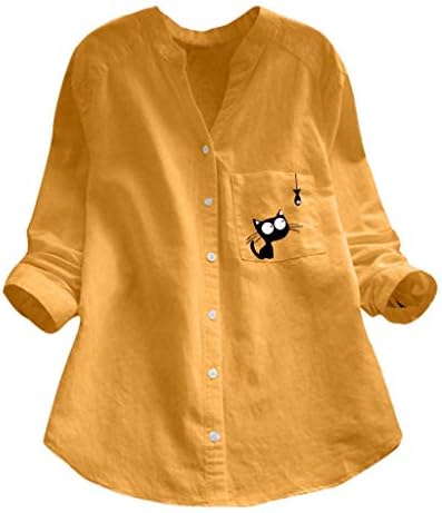 Памучни Ленени Кошули За Жениumn Симпатична Џебна Мачка Печатење Маици Со Долги Ракави Плус Големина Модни Удобни Блузи