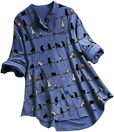 Летни врвови на туника за жени симпатична маица за печатење шарено копче 3/4 ракави кошули трендовски заоблени блузи од полите