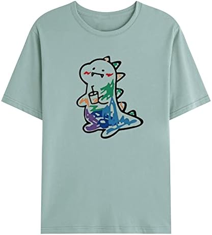 Машка маица обична симпатична диносаурусна печатење летен краток ракав тркалезен врат пулвер маица блузи врвови
