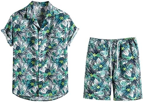 Машки обични хавајски кошули и шорцеви одговараат на обични 2 парчиња тропска облека лабави врвови за кратки ракави и кратки панталони