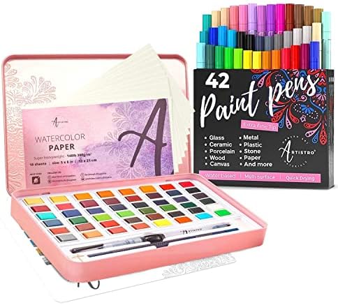 Волшебна боја сет 48 бои во калај кутија и 42 пенкала за акрилна боја Екстра фино совет - Совршен за возрасни и деца, уметнички материјали