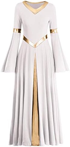 Womenените металик bellвонче со долг ракав пофалби танцувачки фустан лабаво одговараат литургиска лирска лирска танцова облека