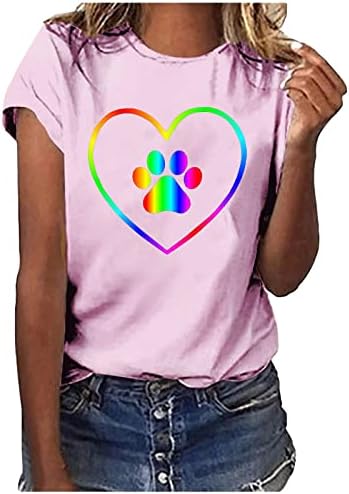 Маица за жени Loveубовта срце печатење Топ графички мета обичен краток ракав врвен роман солидни класични основни маички блузи