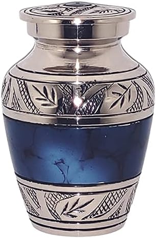 Аканша уметност Класичен мал мини кремирање чува урн за човечка пепел - со кутија и кадифена кутија - 2,6 инчи - дизајн на сина оган