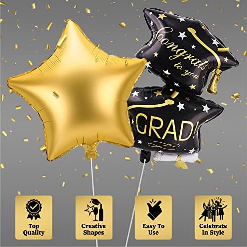 КУЌА НА ПАРТИЈАТА Црно И Злато Балони Со Фолија За Дипломирање 4 Парчиња-18 Балони Со Златна Ѕвезда х18 Со 32 Балони х20 Честитки