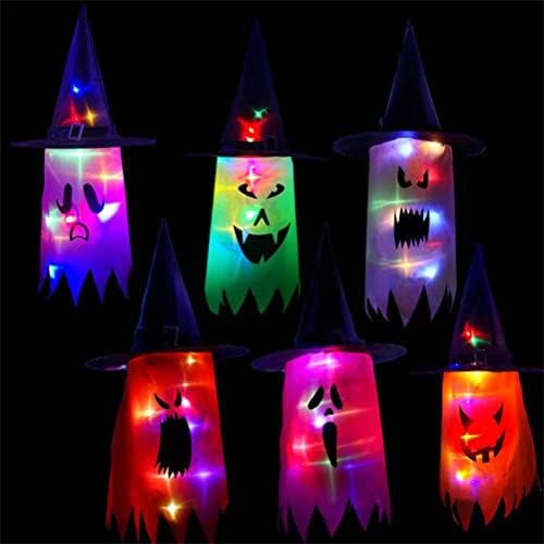 Ноќта на вештерките што висат осветлени капи на вештерки со вештерки, LED жица светла Ноќта на вештерките виси декорација за двор на тремот