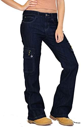 Широки фармерки за нозе за жени деригирани товари на копчето за пламен, плус големина слаби панталони панталони со панталони