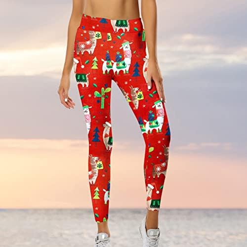 Божиќни женски печатени јога панталони со висока фитнес на половината плус големина тренингот хеланки на стомакот Контрола на глуждот