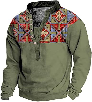 Fireero Western Tactical Sweatshirts за мажи со долги ракави копче пуловер случајно плус големина Ацтек печати маички кошула за маички