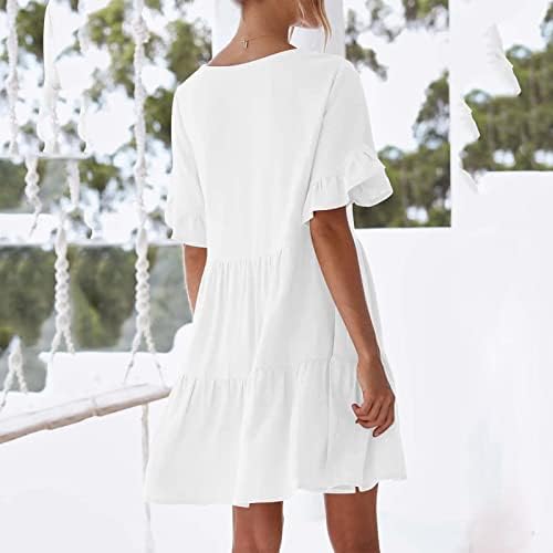 Пролетен фустан за жени, женски обичен фустан со краток ракав летен руфлен џеб еластичен половината А-линија за замав мини фустан