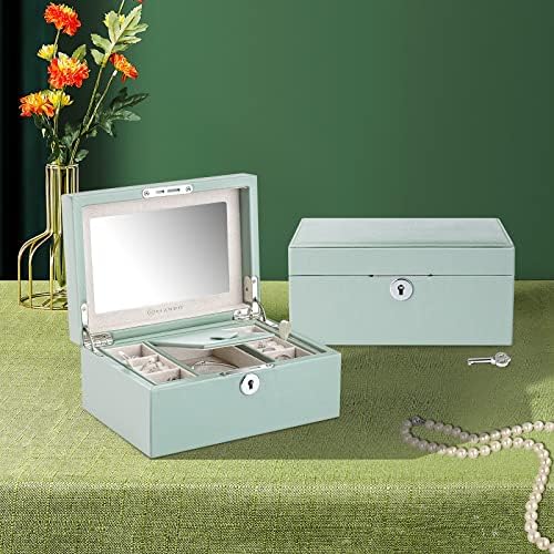 Кутија за накит за заклучување на Вландо, Организатор за колекции на накит со два послужавник, подарок за девојчиња -зелена зелена боја