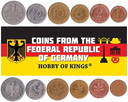 6 Монети Од Германија | Германска Колекција На Монети 1 2 5 10 50 Пфениг 1 Дојче Марк | Циркулирано 1990-2001 | Орел | Даб Расад
