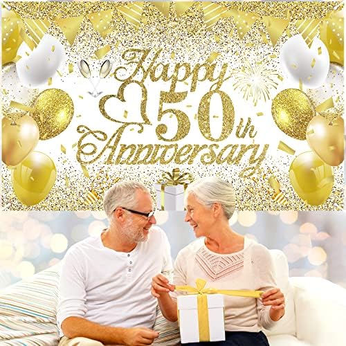50-годишнина Од Свадбата Украси Бело Злато Среќна 50-Годишнина Банер 50-годишнина Од Бракот Банер За 50-Годишнина Од Златна Свадба