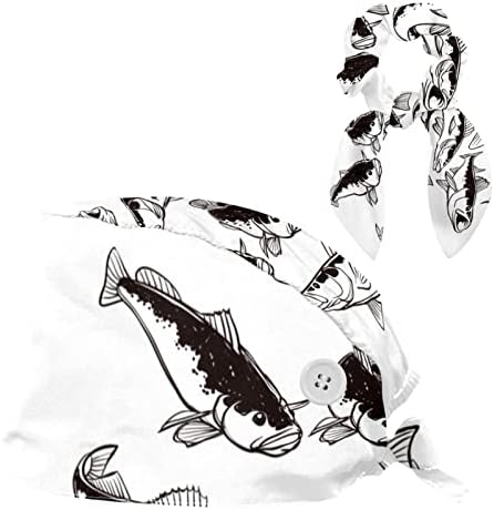 Црна бела рака цртаат риби од риби со работна капа со копчиња прилагодлива буфантна капа унисекс -чиста капа со лак коса