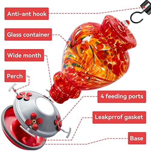 Колибри за колибри, 32 унци издувани стаклени фидер за колибри со атрактивна спирална шема за виси на отворено, 4 метални станици