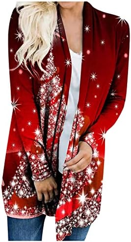 Грдите Божиќни џемпери за жени 2022 плус големина обична мода есен зимски кардиган со долг ракав отворен предниот фронт, смешни Божиќни кошули,