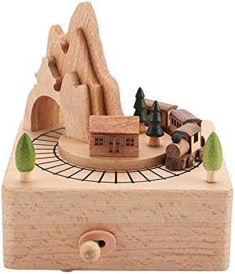 Херхр дрвена музичка кутија со движење на мал воз, дрво музика кутија роденденска украс за домашни момчиња за момчиња момчиња