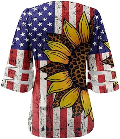 4 -ти јули Облеки за жени 3/4 bellвонки на ракави блузи Американски знамиња против маички за вратот за жени патриотски кошули