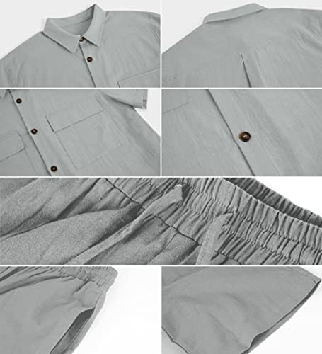 Мажите постелнина кошули поставуваат 2 парчиња облеки случајно копче надолу со кошула со краток ракав лабава панталони летни плажа костуми