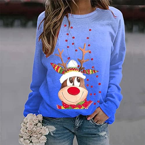 Badhub Christmasенски Божиќни ирваси за џемпери градиент Графички графички печатени врвови со долги ракави, обични кошули во боја на екипажот