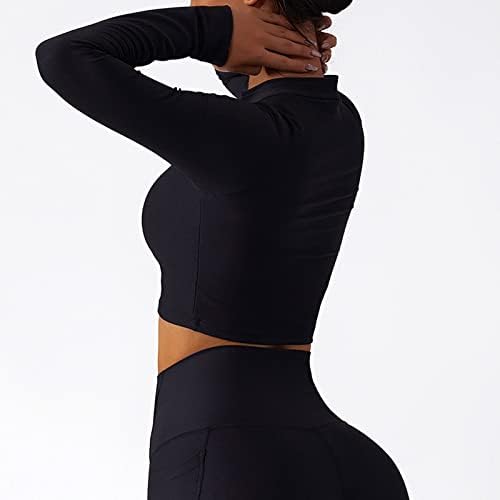 Тенок фит јога кошула женска култура со долги ракави со патент на врвови на врвови цврста боја брза суво маичка вежба за вежбање на врвот