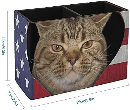 Nudquio Cat гледа низ дупка во американското знаме PU кожен држач за моливче за далечински управувач за контејнери за домашна канцеларија за