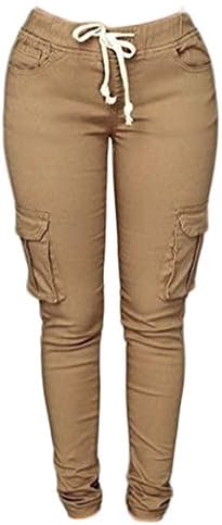 Andongnywell женски цврста боја влечење на слаби панталони истегнете карго џогери обични џебови панталони вратоврска задникот за лифт, пантолони