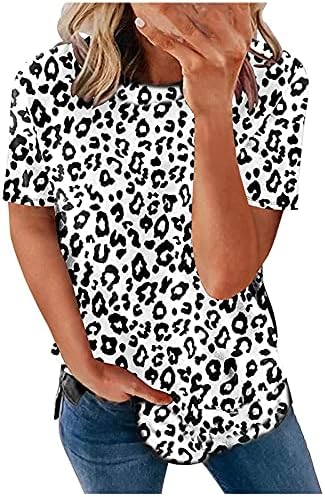 Emенски кратки ракави екипаж леопард печати маица Топ лабава мека кратка ракав Основни летни врвови лабави вклопени маички