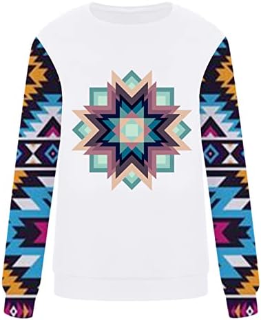 Падот на врвовите за жените маица западна Ацтек печати џемпер блуза со долги ракави со екипаж кошули за крпеница лабава пулвер