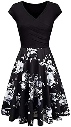 Wpoumv летни фустани за жени цветни печати краток ракав против фустан од вратот плус големина обичен линиски фустани трендовски миди