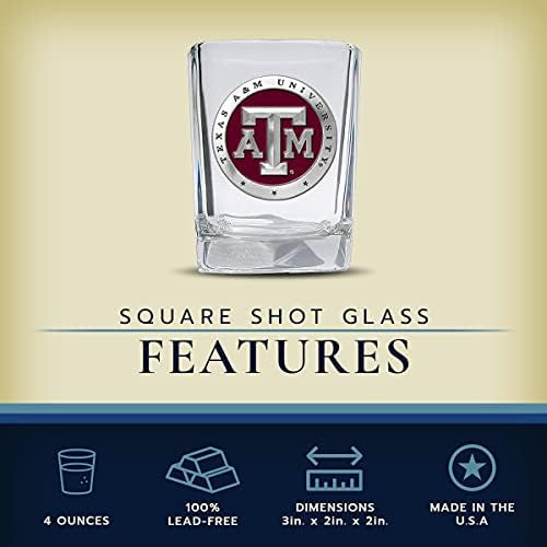Heritage Pewter Texas A&M Square Shot Glass | Рачно извалкано стакло од 1,5 унца шут | Комплетно стокмено метална пивола алма -матер