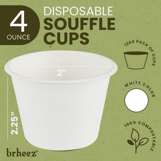 brheez 4 мл-Пакет од 1200 Еднократна Употреба Багас Влакна Суфле Чаши- Природни, Биоразградлив &засилувач; Компостибилен, Совршен