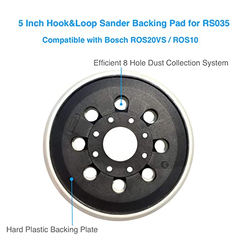 Сандер подлога за замена на кука и јамка од 5 инчи RS035, компатибилен со Bosch случаен орбитал Sander ROS20VS и ROS10