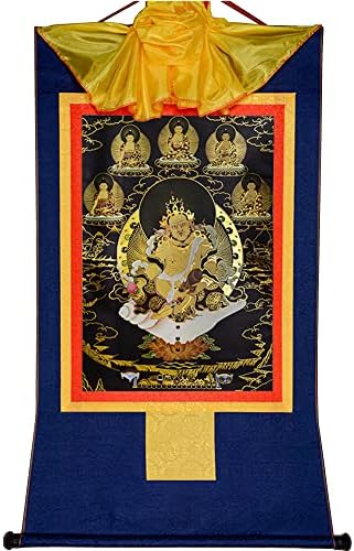 Gandhanra Yellow Jambhala, Dzambhala, Tibetan Thangka Sainting Art, Budid Brocade Thangka Brocade, Буда таписерија со свиток, црн тип