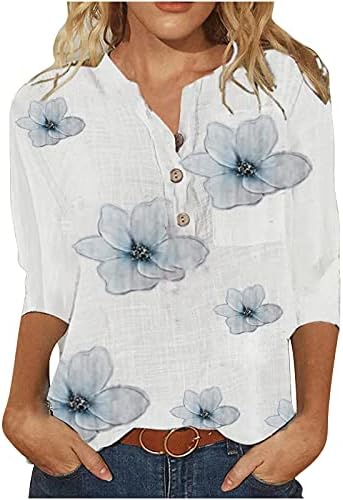 Womenените лесни 3/4 ракави Хенли кошули Симпатични цветни печатени копче за врвови 2023 летни обични блузи