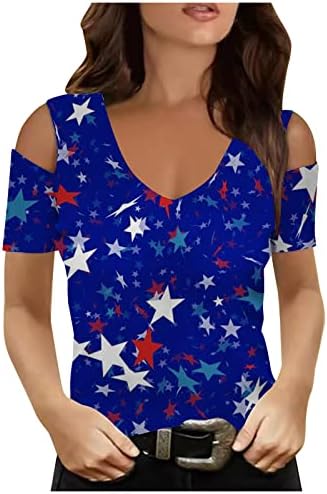 Женски ладно рамо на 4 -ти јули врвови тенок фит патриотски кошули празници Бардо врвови на американско знаме за печатење на блузи