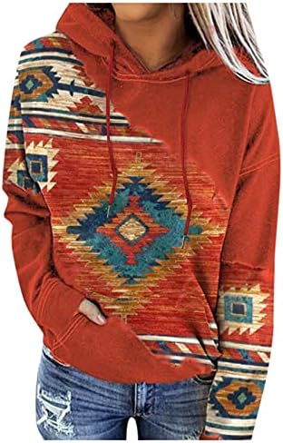 Женски џемпери со качулка со џеб лабаво вклопуваат гроздобер графички трендовски обични врвови со долги ракави кошули