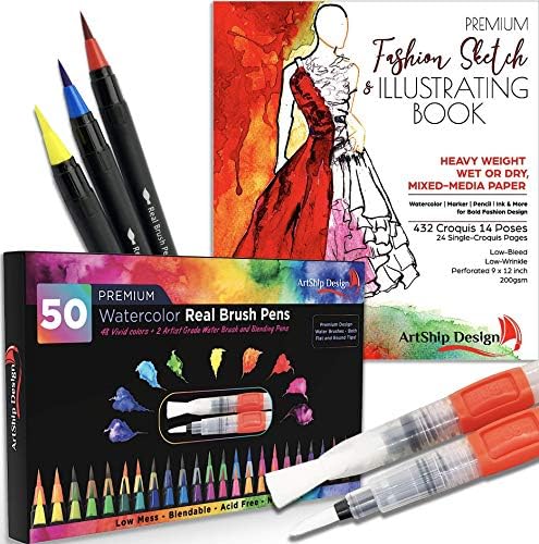 Пакет за модна илустрација- Модна скица за скици и пенкало за четка за акварел Голем сет- 432 Шаблони за фигури, мултимедијална хартија со