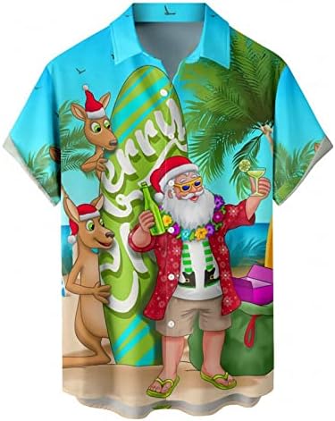 XXBR Божиќна кошула за мажи со опуштено копче за кратки ракави со кратки кошули Смешни Божиќ Дедо Мраз печати Хавајски плажа Топ