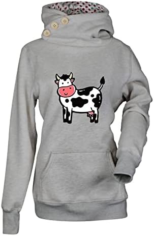 Kinенска крава крава печатени кауни за пулвер, кукавички врат со долги ракави, вртеж на качулка, маичка за џвакање