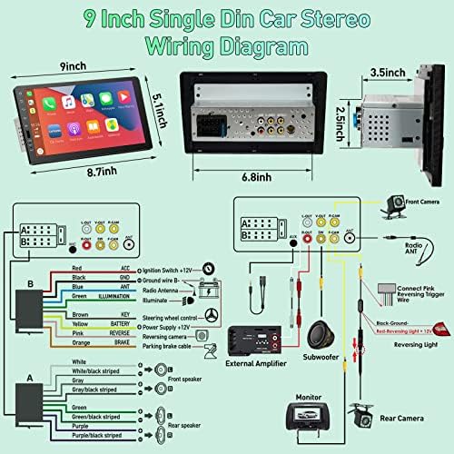 ASTSH 9 INCH SINGE DIN CAR Stereo со Apple CarPlay и Android Auto, Car Radio Touch екран со резервна копија на линк Bluetooth Subuofer