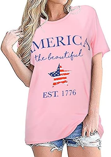 4-ти јули кошули жени Американски знаме лето кратки ракави о-вратот маици starsвезди шарени лабави вклопени удобни празнични блузи топки топки