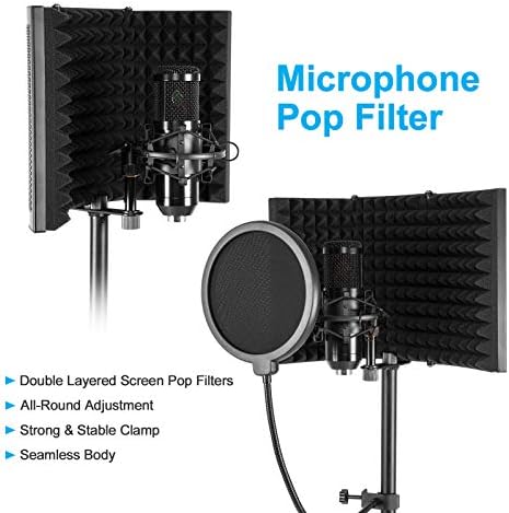 Комплет за снимање на студиото Agptek Microphone со штит за изолација на микрофон, прилагодлив штанд за заграда на ветерниот екран, поп филтер,