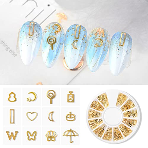 Даннеази 6 кутии златни нокти привлечност за акрилни нокти метални шупливи нокти столпчиња срце Месечина starвезда крст на ноктите уметнички